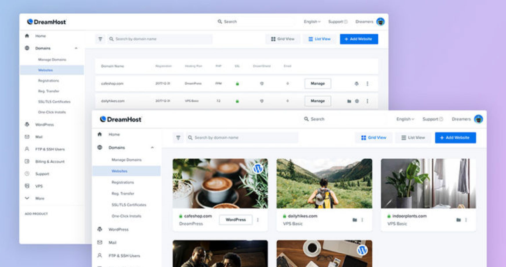 DreamHost Panel Websites UI